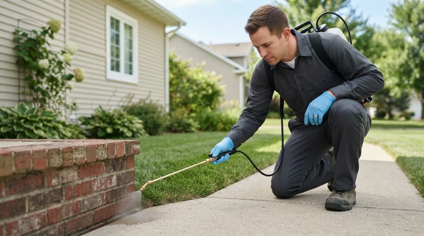 Pest control technician treating a home near Frost, MN