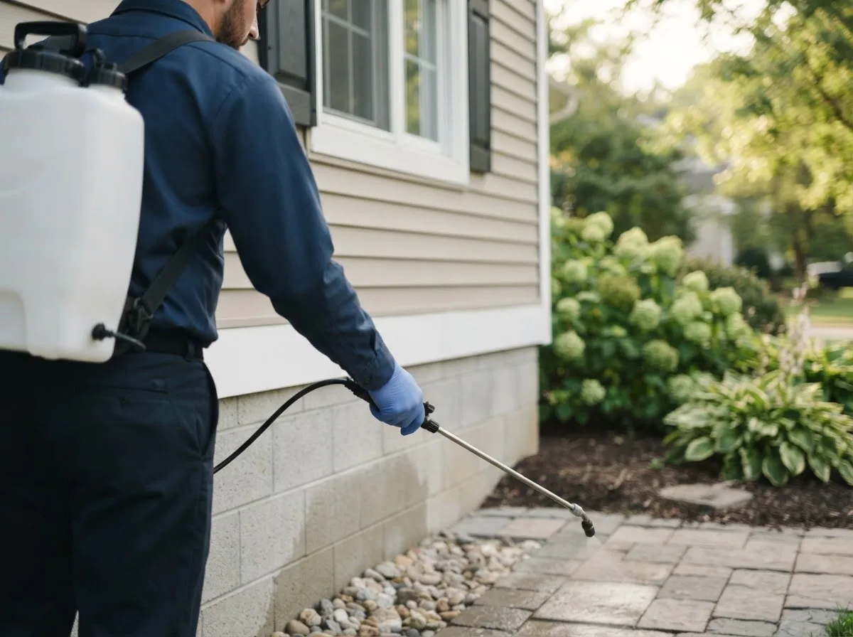 Pest control technician inspecting a home in Frost, MN